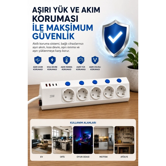 5’li Akım Korumalı Çoklu Priz 2 Metre Kablolu 3680w 16a 5 Anahtarlı 2usb-a 2 Usb-c Pd 20w Hızlı Ftr-28