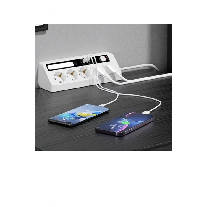 5’li Akım Korumalı Priz 2500w | 2 Usb + 2 Type-c Hızlı Şarj | Led Gece Lambalı | Dokunmatik Beyaz
