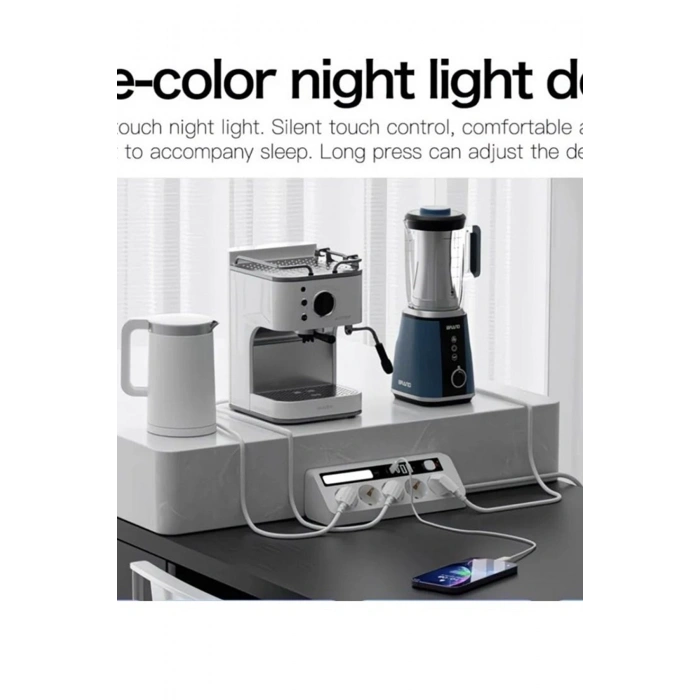 5’li Akım Korumalı Priz 2500w | 2 Usb + 2 Type-c Hızlı Şarj | Led Gece Lambalı | Dokunmatik Beyaz