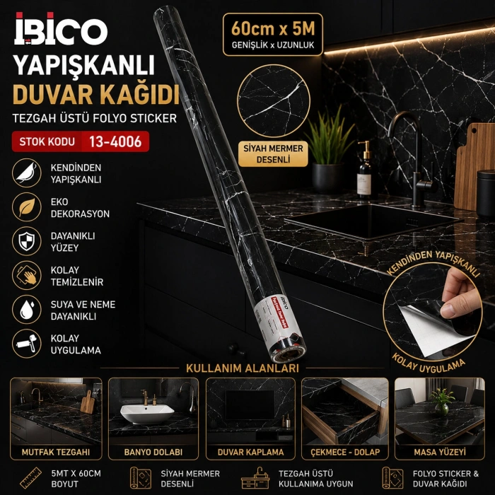 5MT X 60CM SİYAH MERMER DESENLİ TEZGAH ÜSTÜ FOLYO STİCKER - DUVAR KAĞIT KENDİNDEN YAPIŞKANLI - EKO DEKORASYON - DAYANIKLI (5263)