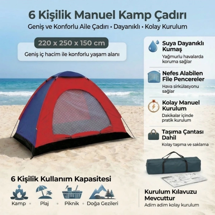 6 Kişilik Manuel Kurulum Kamp Çadırı – Aile, Doğa, Piknik ve Outdoor Kamp Çadırı 220x250x150 cm (5263)