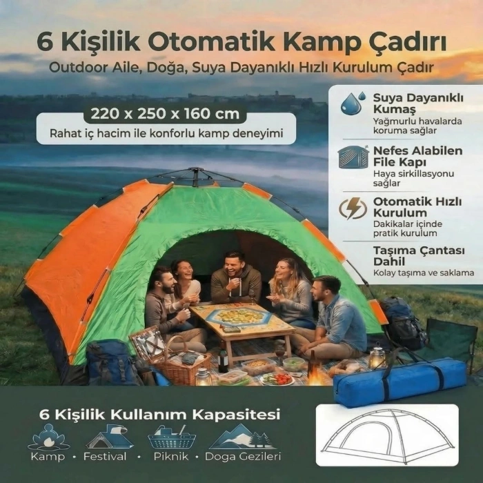 6 Kişilik Otomatik Kurulum Kamp Çadırı – Outdoor Aile, Doğa, Suya Dayanıklı Hızlı Kurulum Çadır 220x250x160 cm (5263)