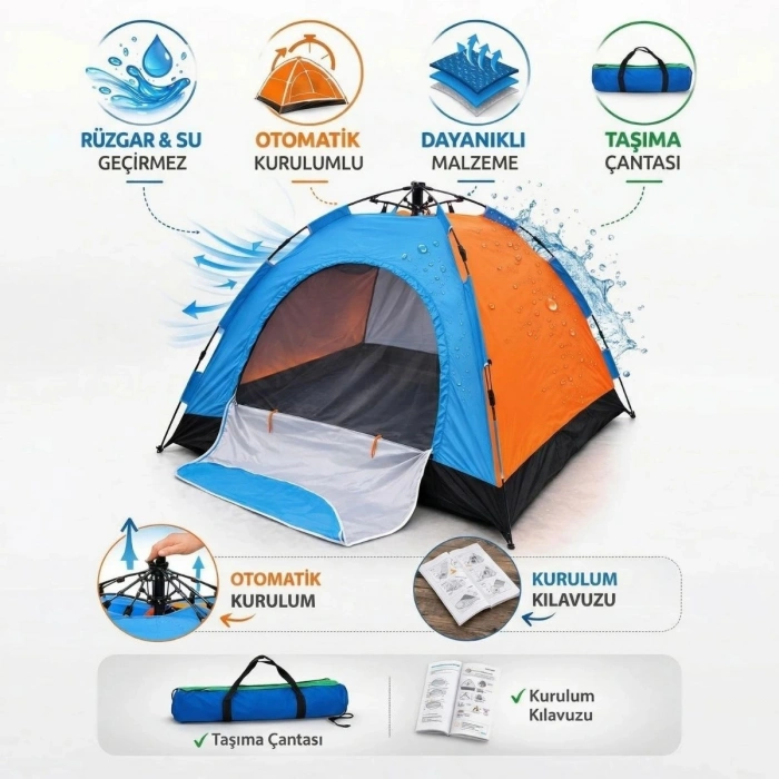 6 Kişilik Otomatik Kurulum Kamp Çadırı – Outdoor Aile, Doğa, Suya Dayanıklı Hızlı Kurulum Çadır 220x250x160 cm (5263)