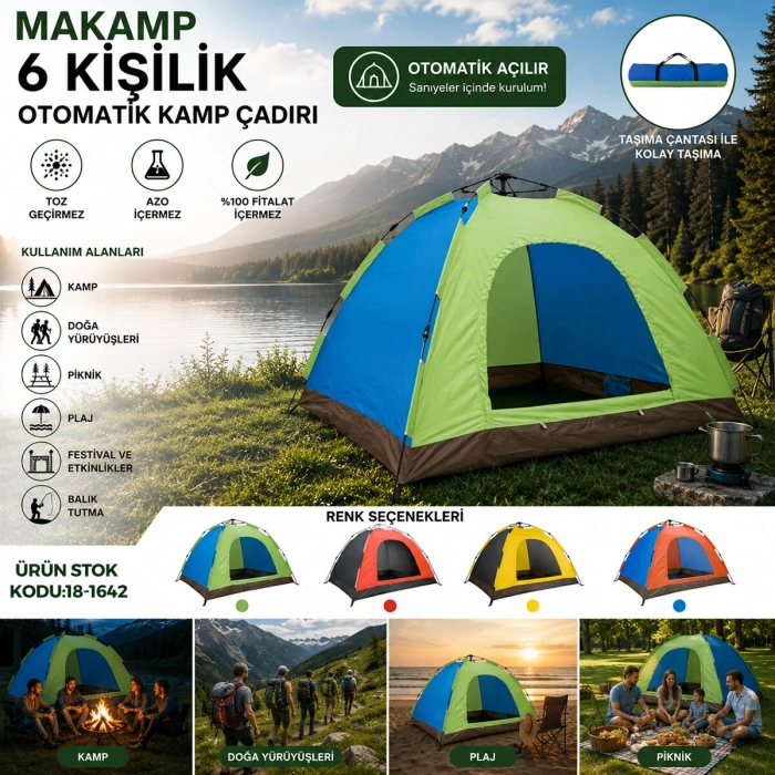 6 KİŞİLİK TOZ GEÇİRMEZ 220CMX250CMX165CM OTOMATİK KAMP ÇADIR HERHANGİ BİR RENK GÖNDERİLİR (5263)