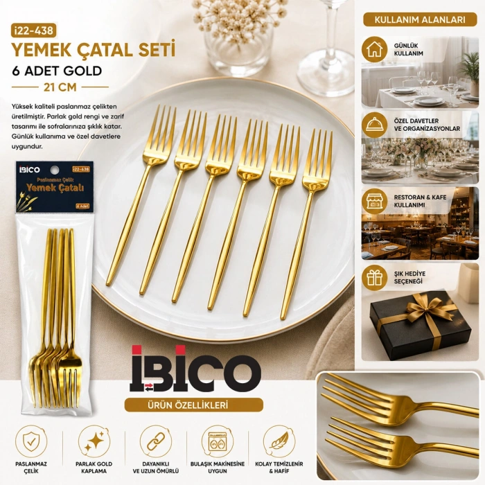 60 PARÇA GOLD YEMEK ÇATAL SETİ 21CM - 1 PAKET İÇİNDE 6 ADET VARDIR - 10 PAKET GÖNDERİLİR (5263)