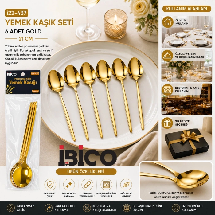 60 PARÇA GOLD YEMEK KAŞIK SETİ 21CM - 1 PAKET İÇİNDE 6 ADET VARDIR - 10 PAKET GÖNDERİLİR (5263)