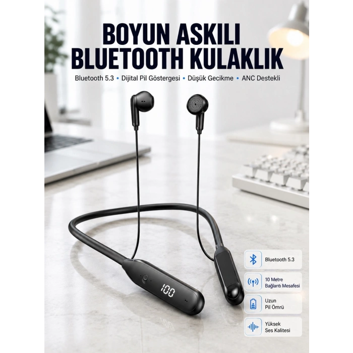 60 Saat Kablolu Boyun Askılı Dijital Göstergeli Bluetooth Kulaklığı Yeni Nesil