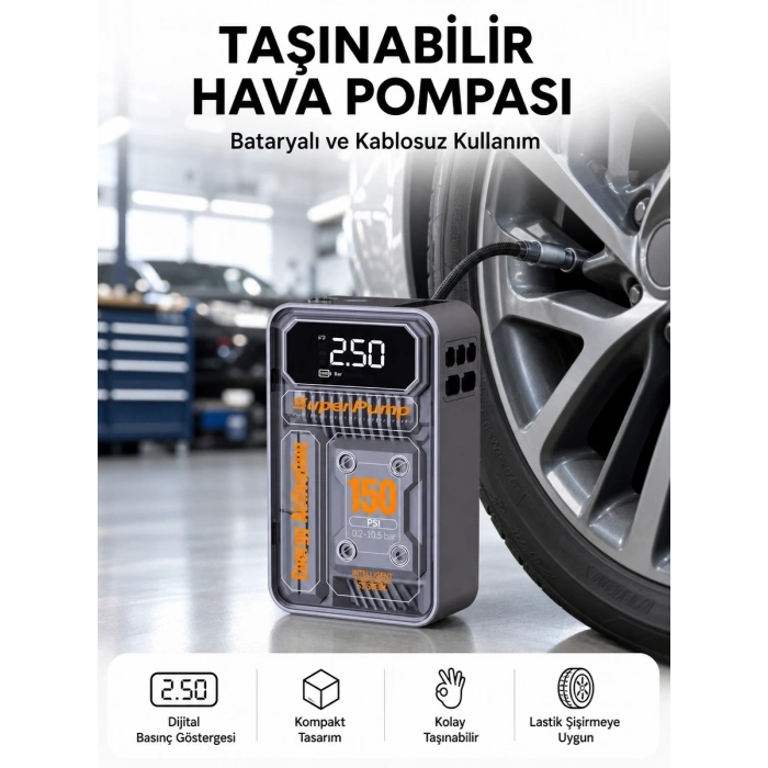 6000mah Bataryalı Led Ekranlı Akıllı Hava Kompresörü
