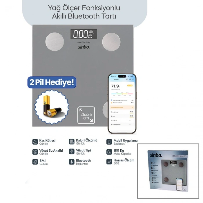 GRİ YAĞ ÖLÇER AKILLI BLUETOOTH CAM BASKÜL PİLLİ 180KG/50GR 26X26CM 8-KİŞİ HAFIZA LCD EKRAN ℃ GÖSTERGE SBS-4473 (5263)