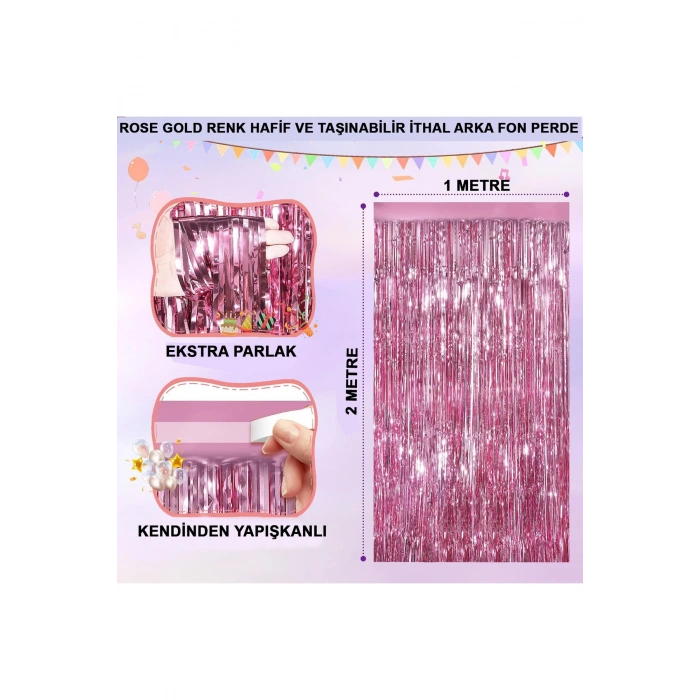 Rose Gold Renk Ekstra Metalize Parlak Saçaklı Arka Fon Perde İthal A Kalite 1x2 Metre (5263)