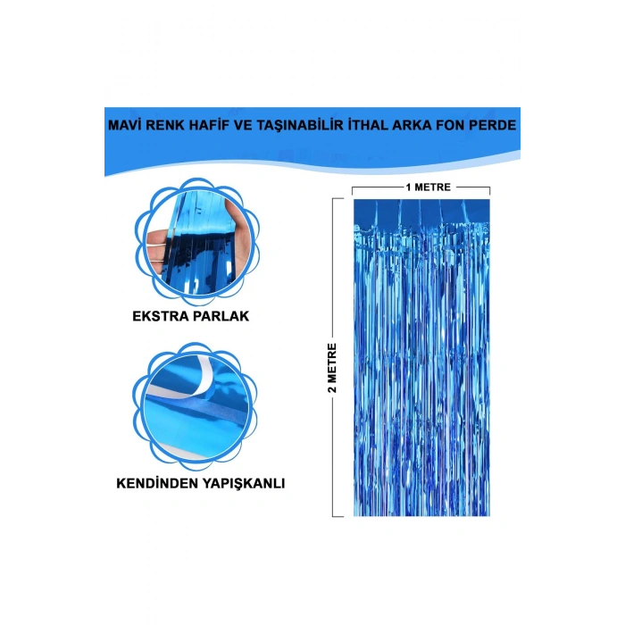 Mavi Renk Ekstra Metalize Parlak Saçaklı Arka Fon Perde İthal A Kalite 1x2 Metre (5263)