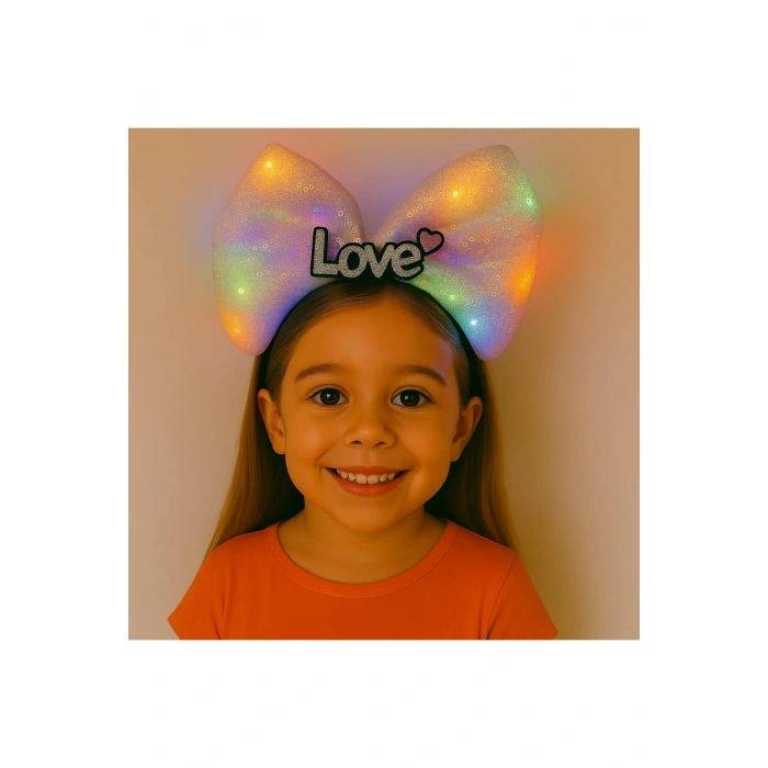 LED Işıklı Love Yazılı Pembe Fiyonk Taç – Kız Çocuk Parti Tacı (5263)