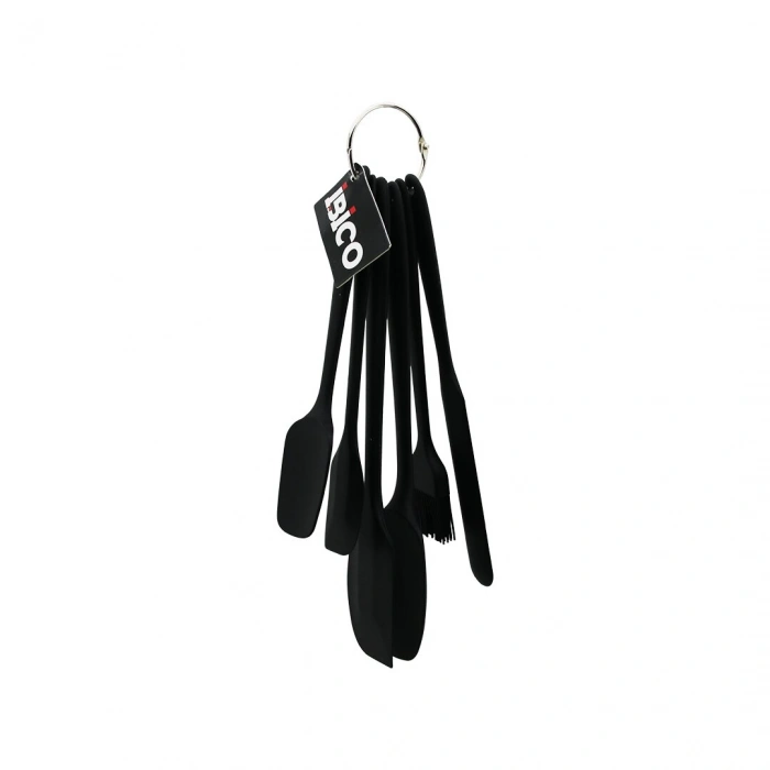 6PCS  SİLİKON - SİYAH MUTFAK SETİ 2 KAŞIK - 3 SPATULA - YUMURTA FIRÇA  METAL ASMA HALKALI (5263)