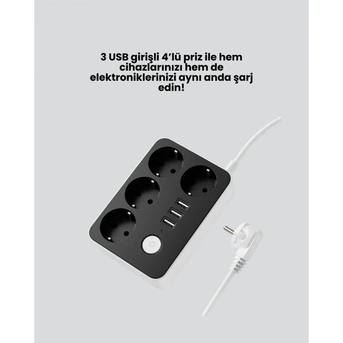 7 Cihazı Aynı Anda Destekleyen 3 Usb Portlu 4’lü Priz