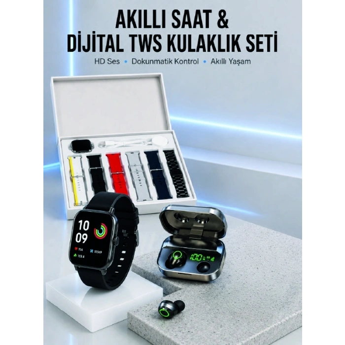 7 Kordonlu Akıllı Saat Ve Aynalı Bluetooth Kulaklık Powerbank Dijital Göstergeli