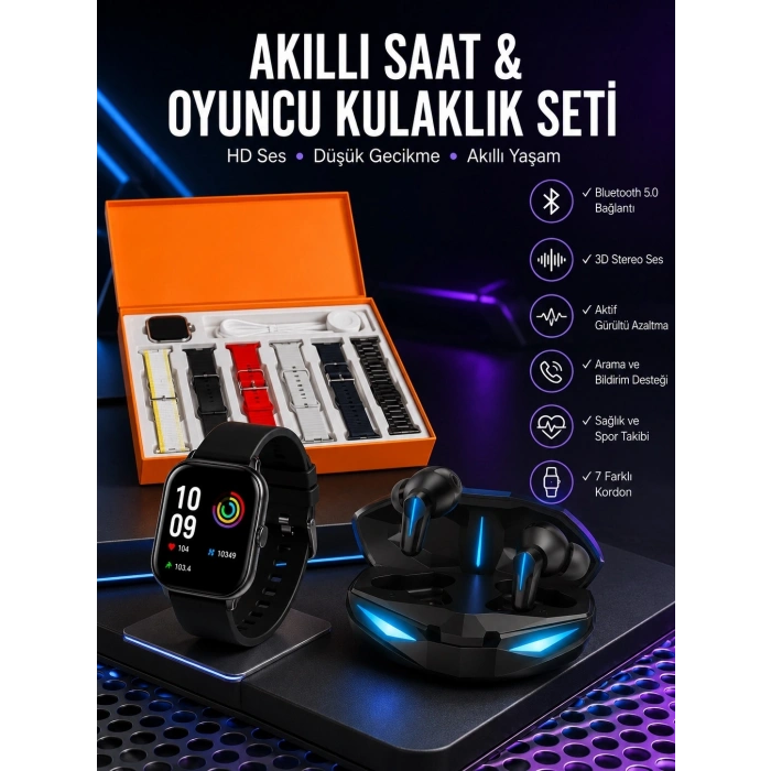 7 Kordonlu Akıllı Saat Ve  Kulaklığı Anc Özelliği Kulak İçi Mikrofonlu Sesli Görüşme