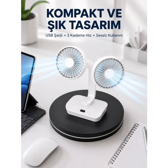 720° Döner Çift Taraflı Masaüstü Vantilatör – Usb Şarjlı Sessiz Fan