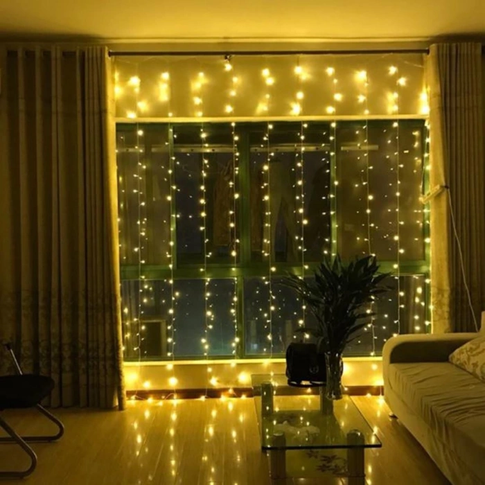 8 Fonksiyonlu 200 Led 10 Saçak Şerit Led 2x2 Perde İp Led (Gün Işığı) (5263)