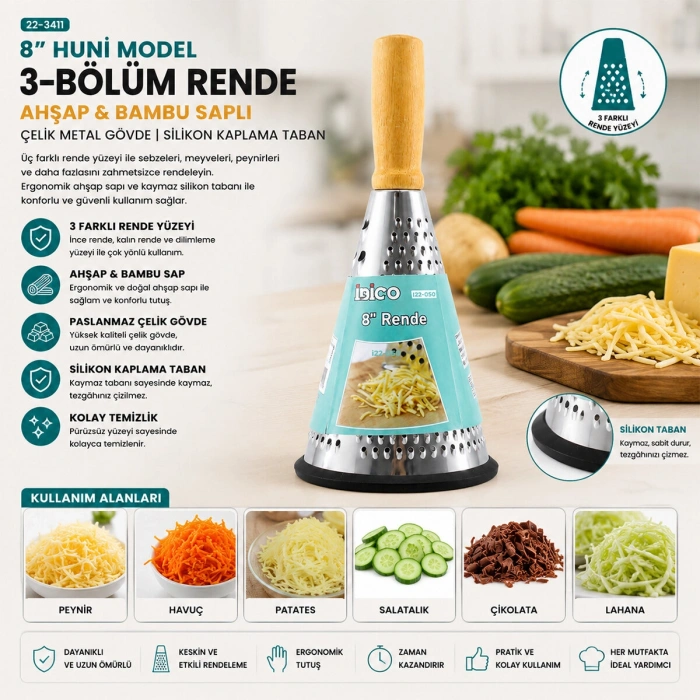 8 İNÇ - HUNİ MODEL   AHŞAP - BAMBU SAPLI  METAL RENDE  SİLİKON TABANLI (5263)