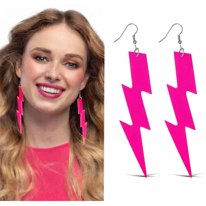 80’ler 90'lar Retro Neon Pembe Şimşek Küpe 10 cm (5263)