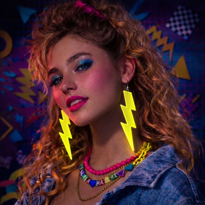 80’ler 90'lar Retro Neon Sarı Şimşek Küpe 10 cm (5263)