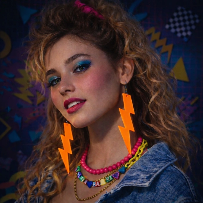 80’ler 90'lar Retro Neon Turuncu Şimşek Küpe 10 cm (5263)