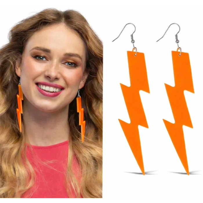 80’ler 90'lar Retro Neon Turuncu Şimşek Küpe 10 cm (5263)