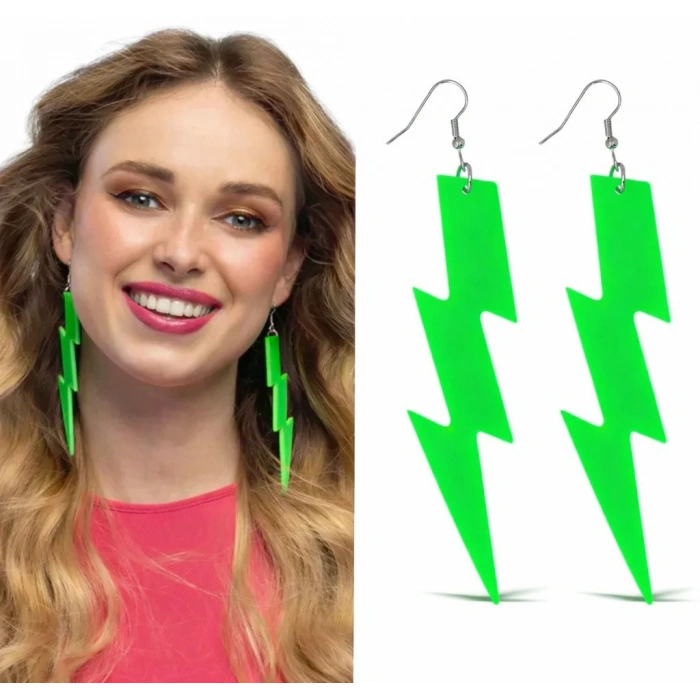 80’ler 90'lar Retro Neon Yeşil Şimşek Küpe 10 cm (5263)
