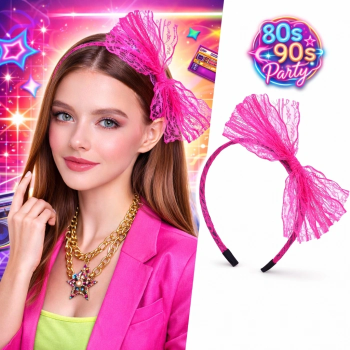 80’ler 90’lar Neon Pembe Dantel Taç Fiyonklu (5263)