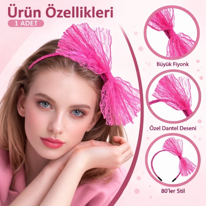 80’ler 90’lar Neon Pembe Dantel Taç Fiyonklu (5263)