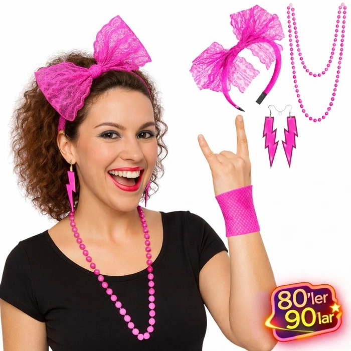80’ler 90’lar Neon Pembe Parti Seti – Kolye Küpe Taç (5263)