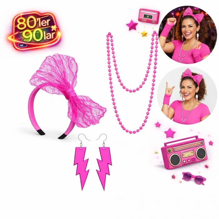 80’ler 90’lar Neon Pembe Parti Seti – Kolye Küpe Taç (5263)