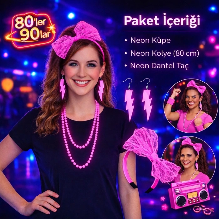 80’ler 90’lar Neon Pembe Parti Seti – Kolye Küpe Taç (5263)