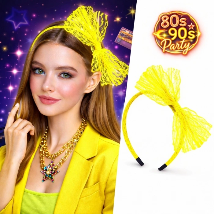 80’ler 90’lar Neon Sarı Dantel Taç Fiyonklu (5263)