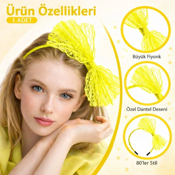 80’ler 90’lar Neon Sarı Dantel Taç Fiyonklu (5263)