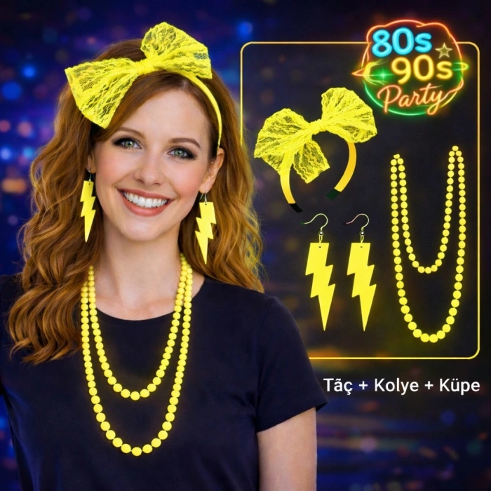 80’ler 90’lar Neon Sarı Parti Seti – Kolye Küpe Taç (5263)