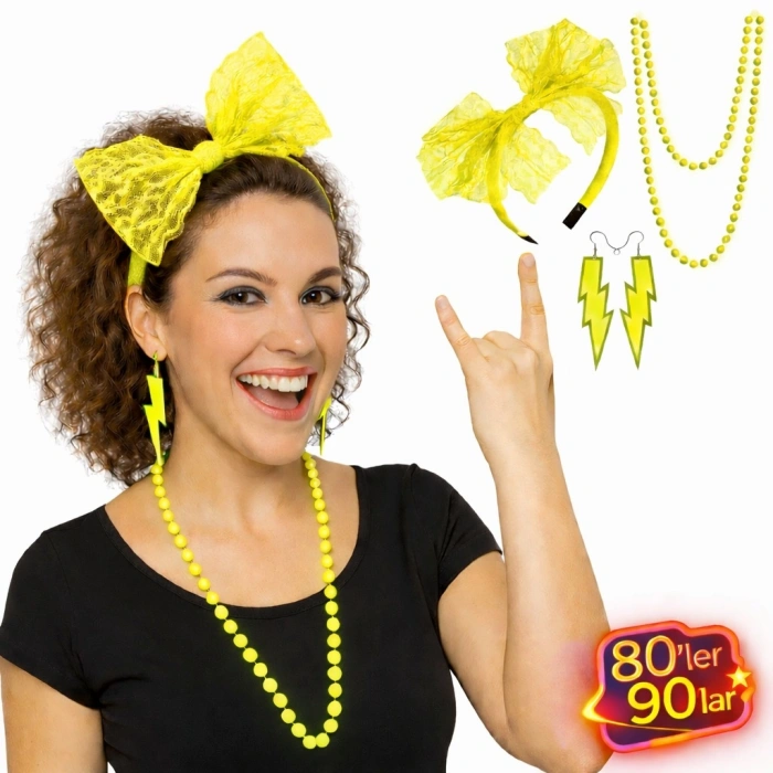 80’ler 90’lar Neon Sarı Parti Seti – Kolye Küpe Taç (5263)