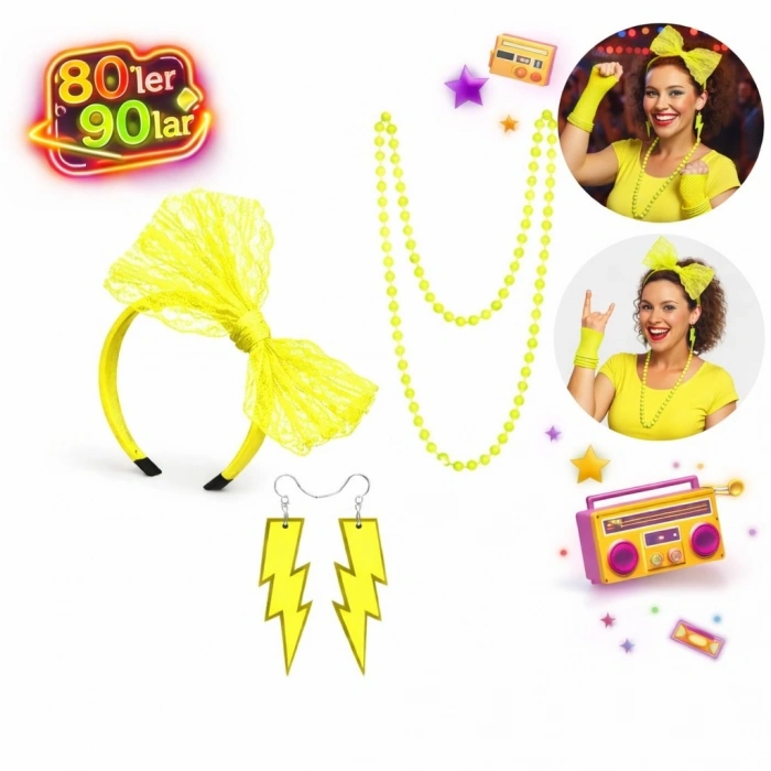 80’ler 90’lar Neon Sarı Parti Seti – Kolye Küpe Taç (5263)