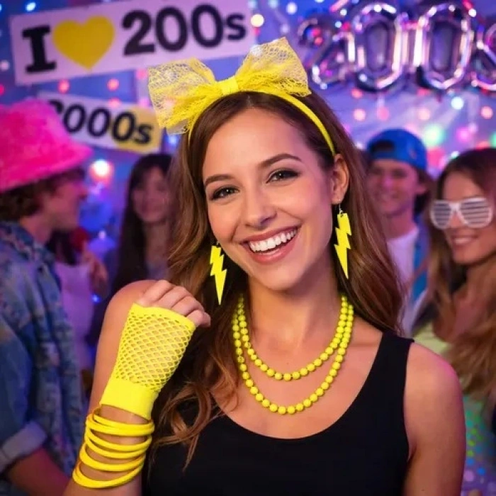 80’ler 90’lar Neon Sarı Parti Seti – Kolye Küpe Taç (5263)