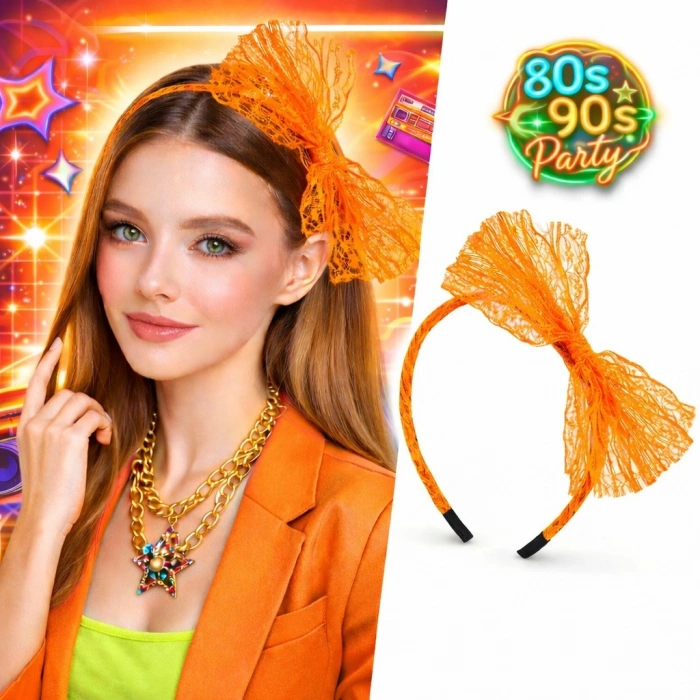 80’ler 90’lar Neon Turuncu Dantel Taç Fiyonklu (5263)