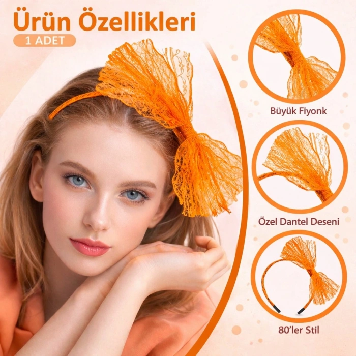 80’ler 90’lar Neon Turuncu Dantel Taç Fiyonklu (5263)