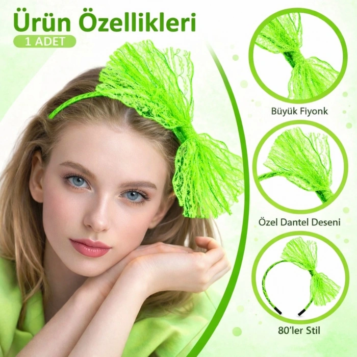 80’ler 90’lar Neon Yeşil Dantel Taç Fiyonklu (5263)