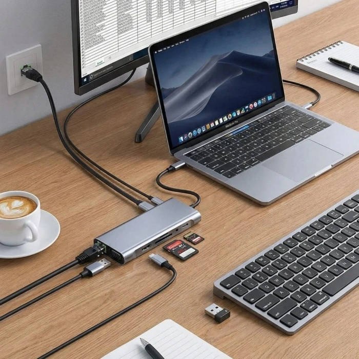 8in1 Type-C Çoklayıcı Hub HDMI 4K USB 3.0 SD TF Kart RJ45 Ethernet Dönüştürücü Adaptör (5263)
