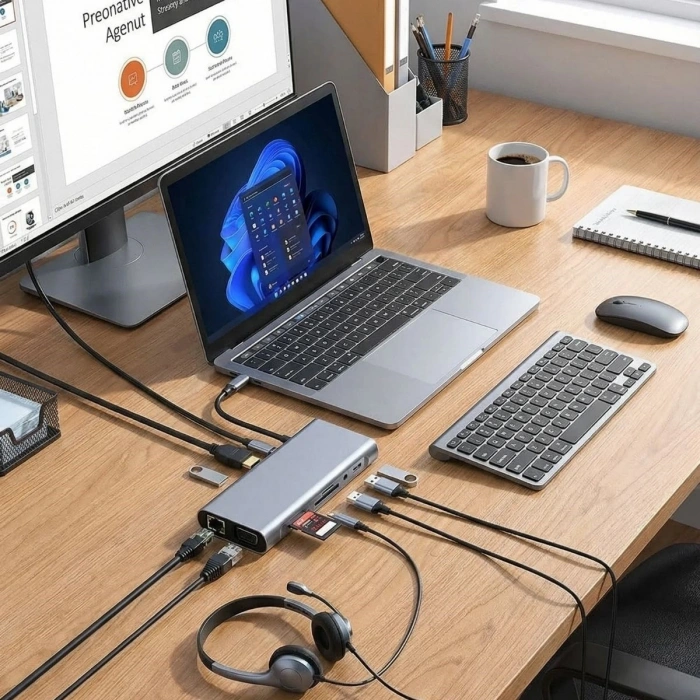 8in1 Type-C Çoklayıcı Hub HDMI 4K USB 3.0 SD TF Kart RJ45 Ethernet Dönüştürücü Adaptör (5263)