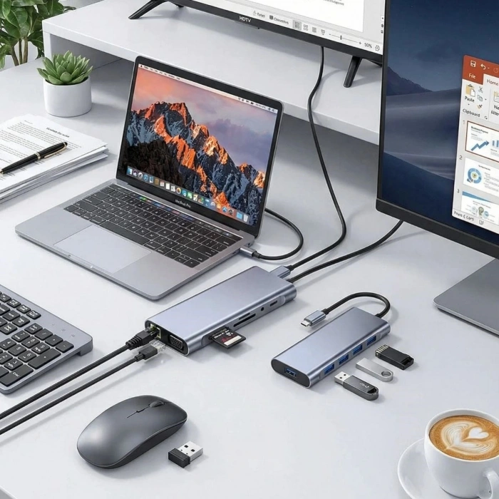 8in1 Type-C Çoklayıcı Hub HDMI 4K USB 3.0 SD TF Kart RJ45 Ethernet Dönüştürücü Adaptör (5263)