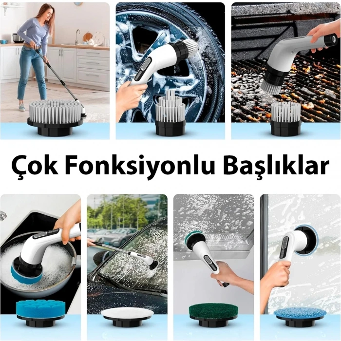 9'u 1 Arada Çok Amaçlı Kablosuz Şarjlı Temizlik Fırçası IP67 Yıkanabilir Başlık (5263)