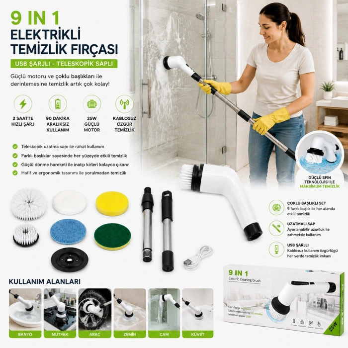 9IN1 25W - KABLOSUZ - HIZLI ŞARJ ELEKTRİKLİ ŞARJLI TEMİZLİK FIRÇASI RZG-2026 (5263)