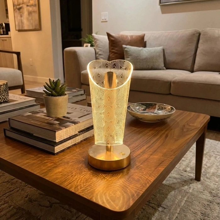 Açık Silindirik Kristal Damla Model LED Masa Lambası – Gold Tabanlı, Dokunmatik, 3 Renk Işık Modlu, Şarjlı Modern Dekoratif Gece Lambası (5263)