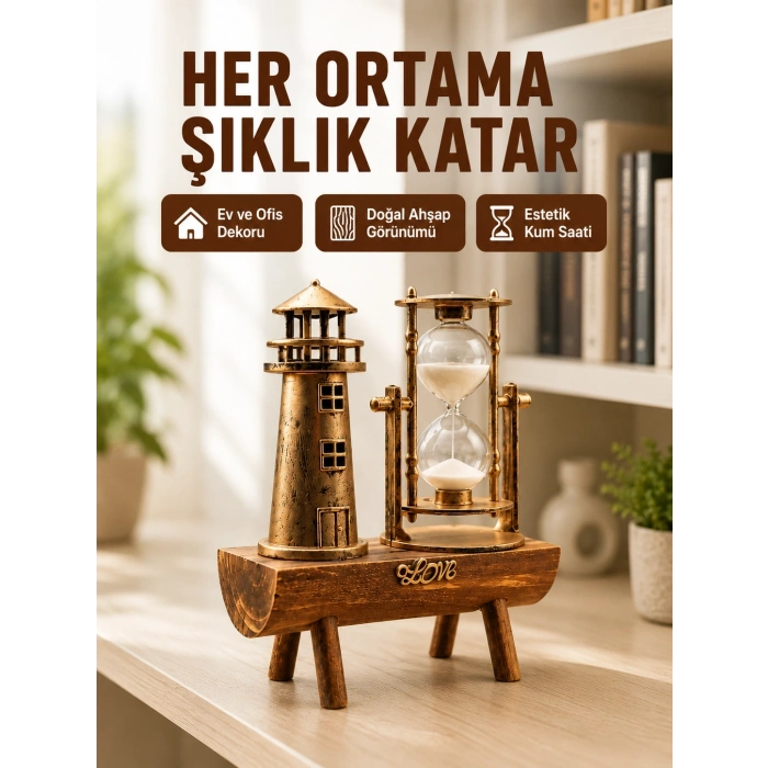 Ahşap Kum Saati Ve Deniz Feneri Figürü Bir Arada – Ev & Ofis Dekorasyonu Yeni Nesil