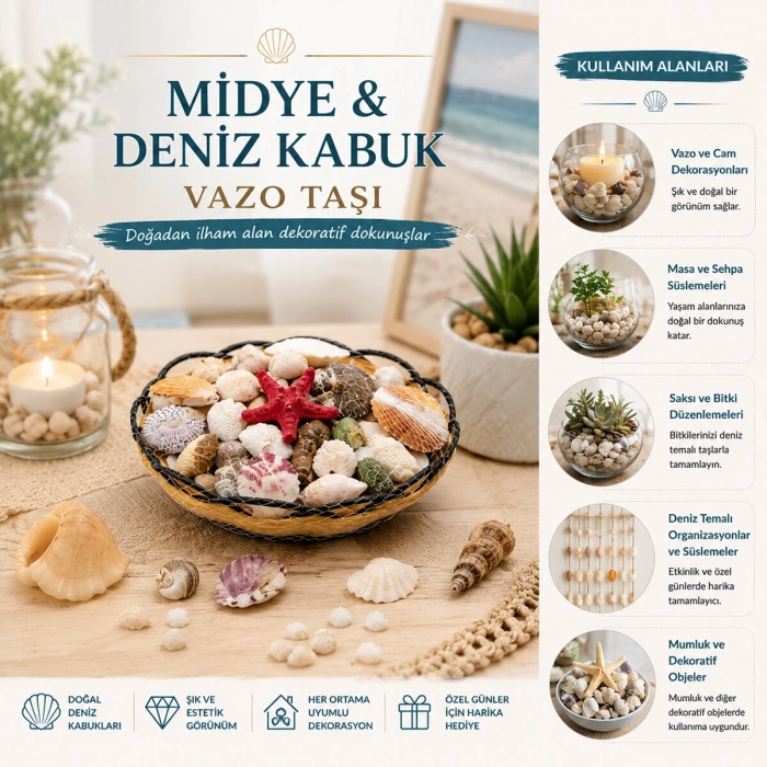 AHŞAP YUVARLAK SEPET - FİLELİ RENKLİ MİX MİDYE - DENİZ KABUK VAZO TAŞI (5263)